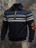 Men's Retro Color Block Print Color-Blocked Zip-Up Sweatshirt