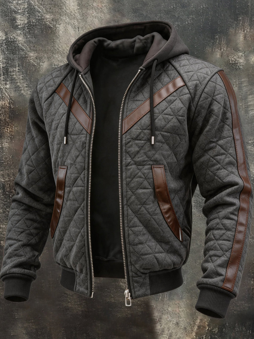 Men’s Vintage-Style Paneled Leather Hooded Jacket