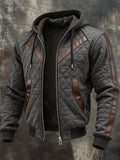 Men’s Vintage-Style Paneled Leather Hooded Jacket