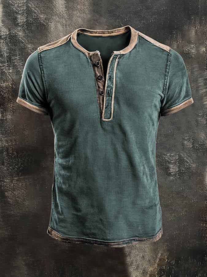 Men'S Retro Colorblock Casual Henley Short Sleeve Top1