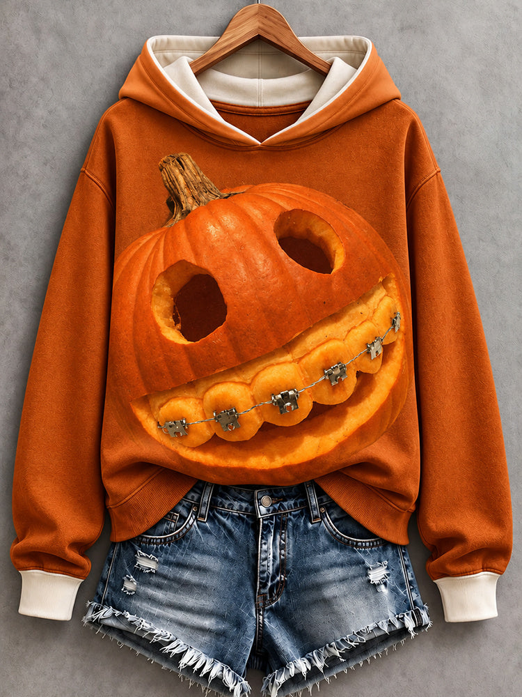 Women's Halloween Fun Steel Teeth Pumpkin Face Print Hoodie