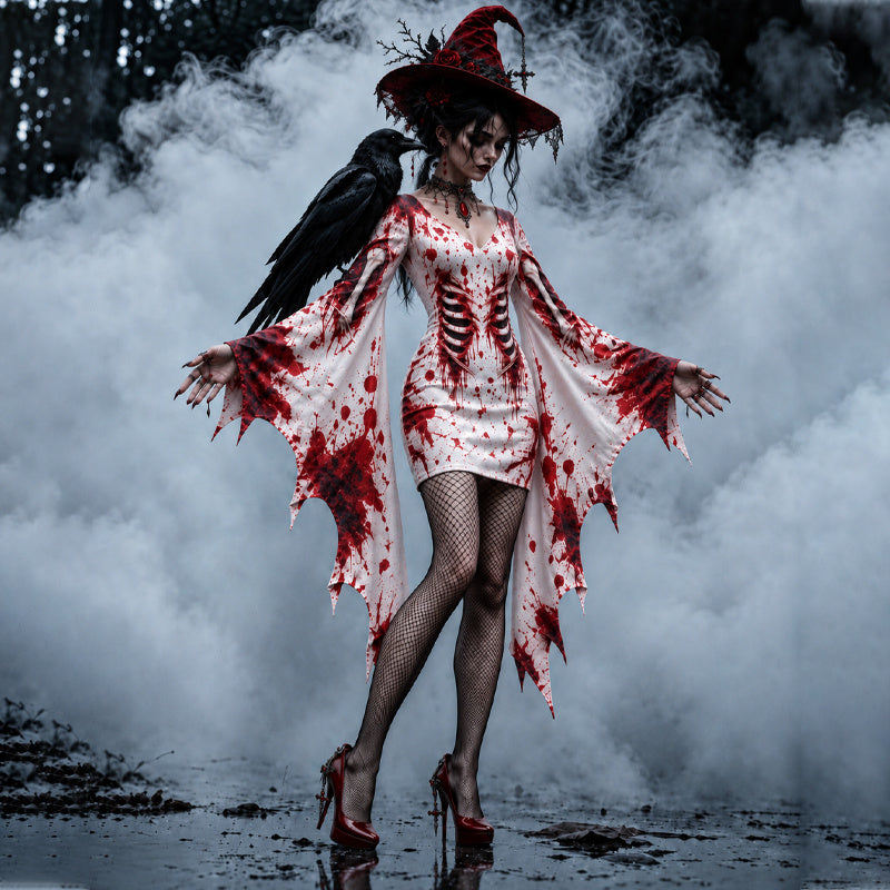 Women's Halloween Gothic Blood Stain Skeleton Print Bat Sleeve Flared Sleeve V-neck Bodycon Dress – Halloween Costume