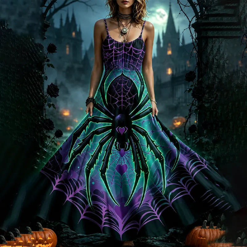 Women's Long Dress With Green And Purple Spider Web And Spider For Halloween