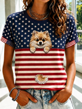 Women'S Cat Flag Printed Round Neck T-Shirt