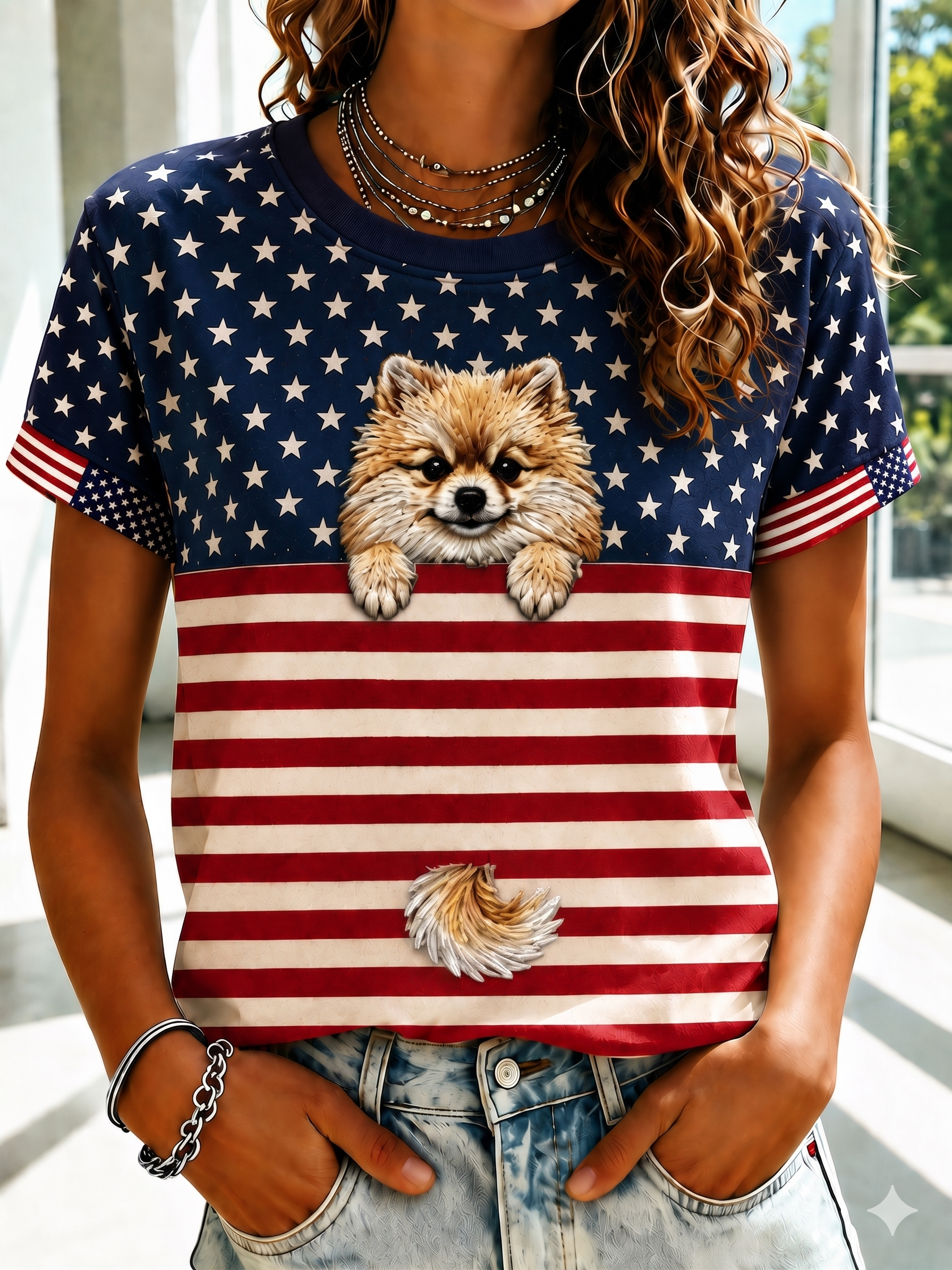 Women'S Cat Flag Printed Round Neck T-Shirt