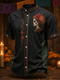 Men's Day Of The Dead Catrina Lady Portrait Floral Print Stand Collar Short Sleeve Shirt
