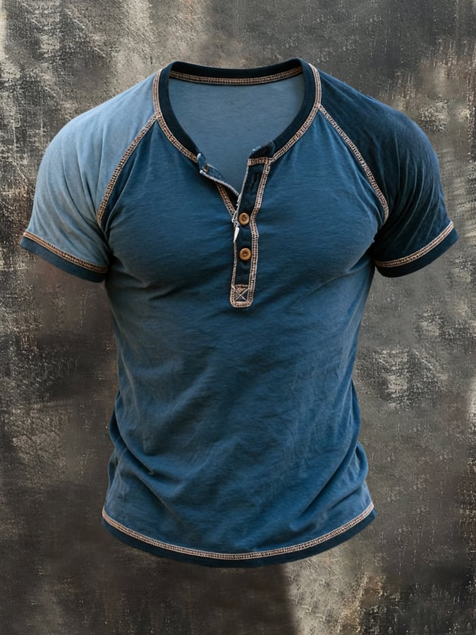 Men's Retro Color-Block Short-Sleeve Henley Shirt