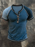 Men's Retro Color-Block Short-Sleeve Henley Shirt