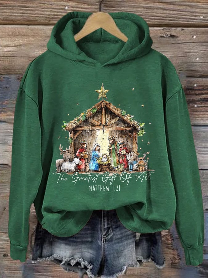 Retro Christmas the greatest gift of all is Jesus Matthew 1:21 Print Hoodie