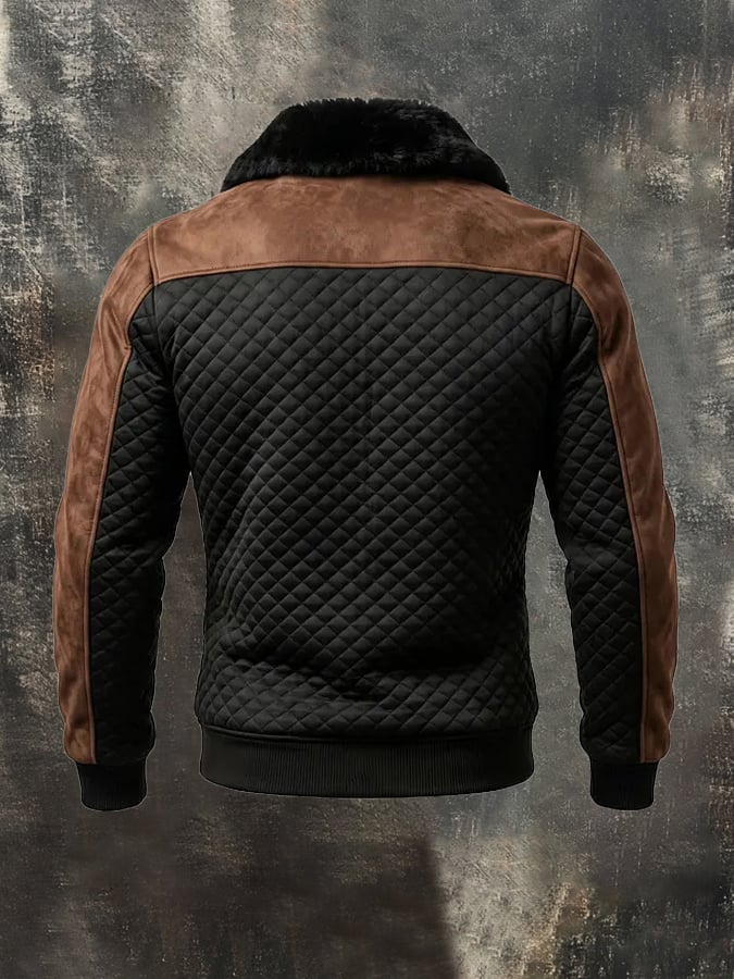 Men'S Vintage Textured Checkered Jacket With Fleece Lining And Fur Collar