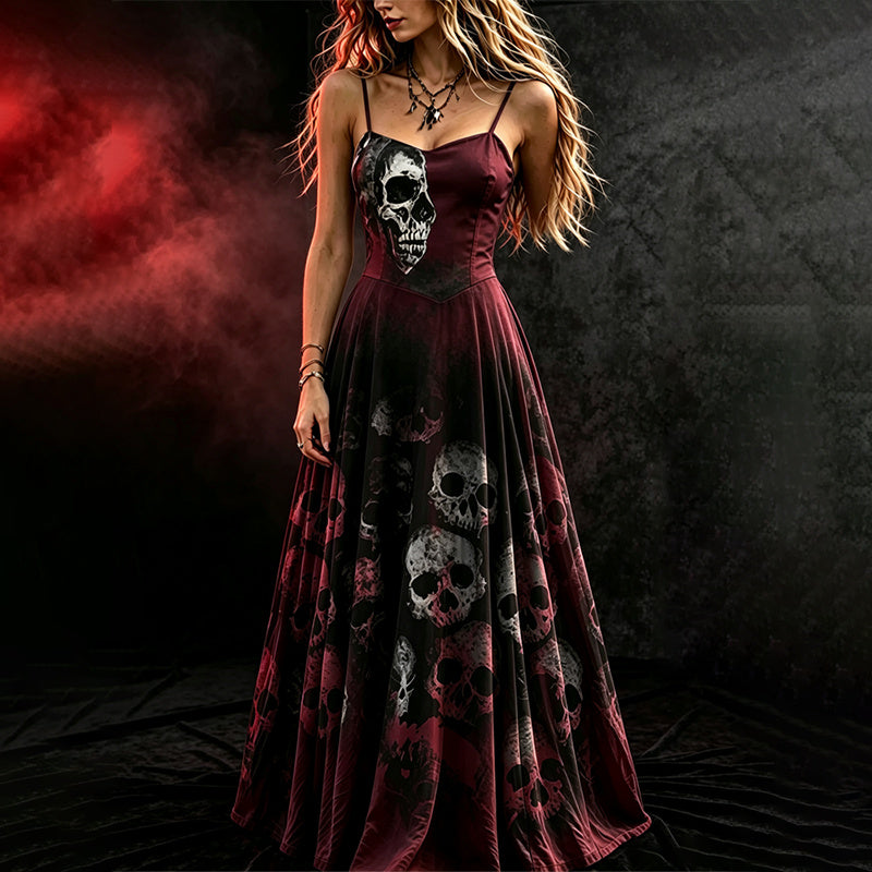 Women's Halloween Long Dress With Black And Red Skull Pattern