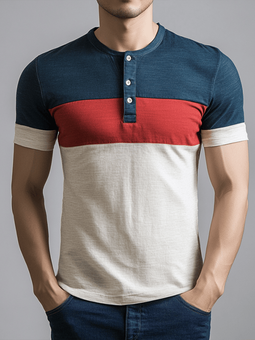 Men's Basic Henley Neck T-Shirt for Daily Wear Casual Faded Wide Stripe Contrast Color Short Sleeve