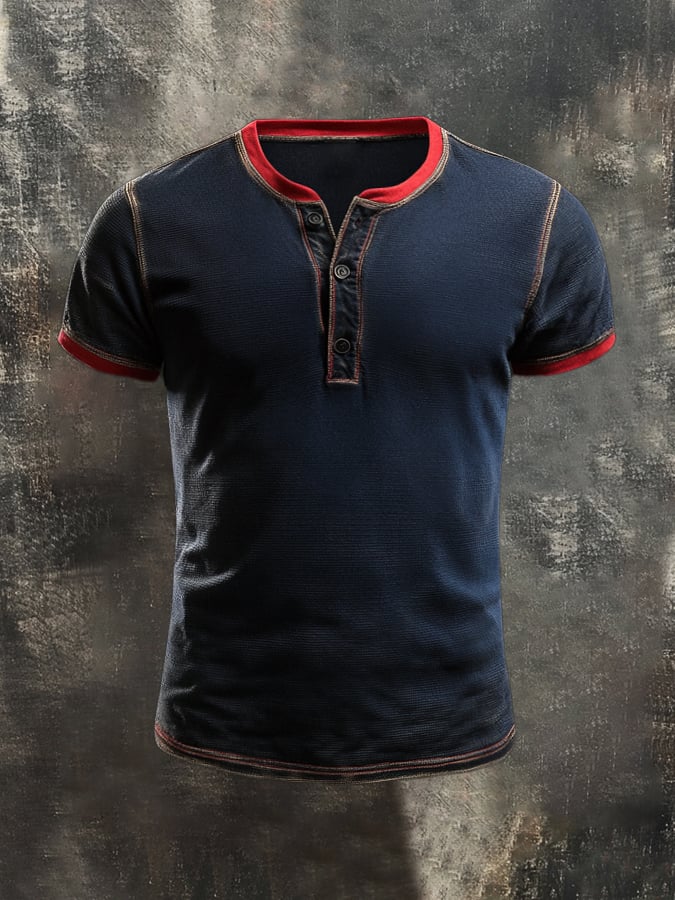 Men's casual retro wash colorblock Henley T-shirt