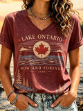 Women's Casual V-neck Short-sleeve T-shirt - Lake Ontario Maple Leaf & Mountain Sunset Print