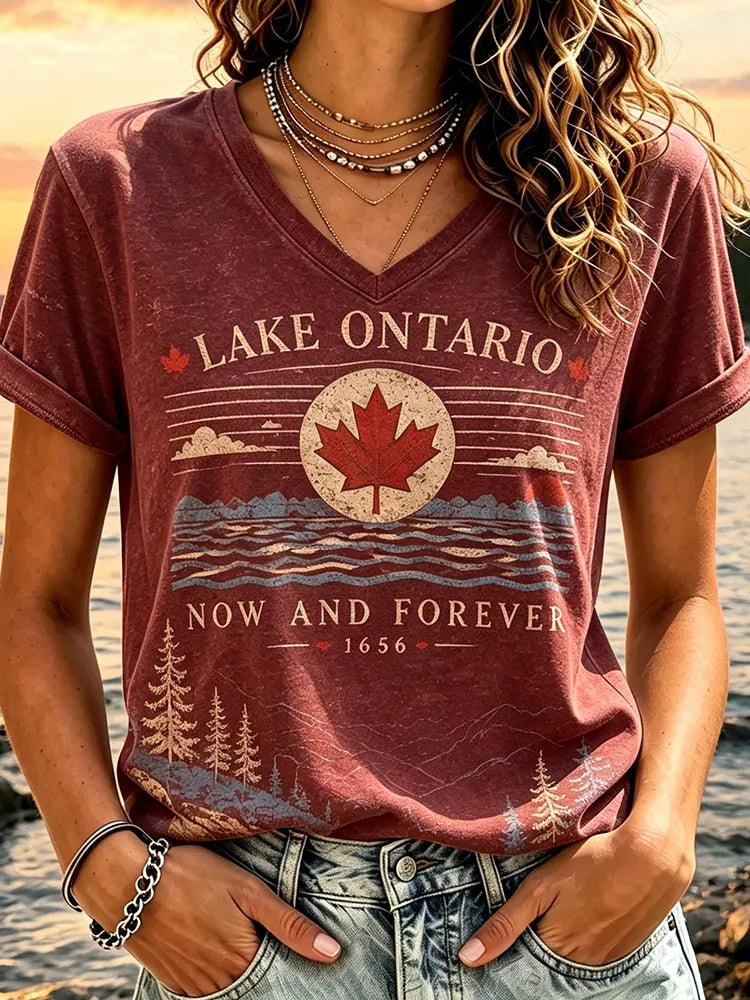Women's Casual V-neck Short-sleeve T-shirt - Lake Ontario Maple Leaf & Mountain Sunset Print