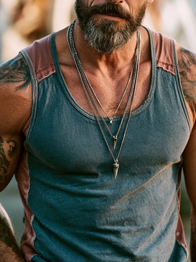 Men'S Fashion Pure Cotton Sleeveless Crew-Neck Tank Top With Distressed, Color-Block, And Panel Details