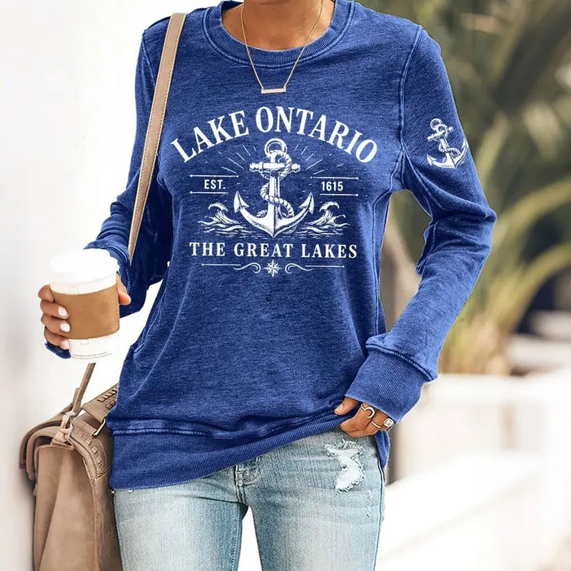 Retro Lake Ontario Est 1615 The Great Lakes Print Sweatshirt