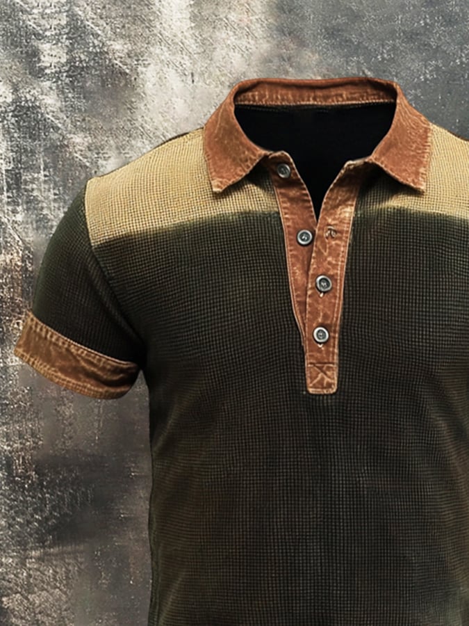 Men's casual short-sleeved waffle-print colorblock polo shirt