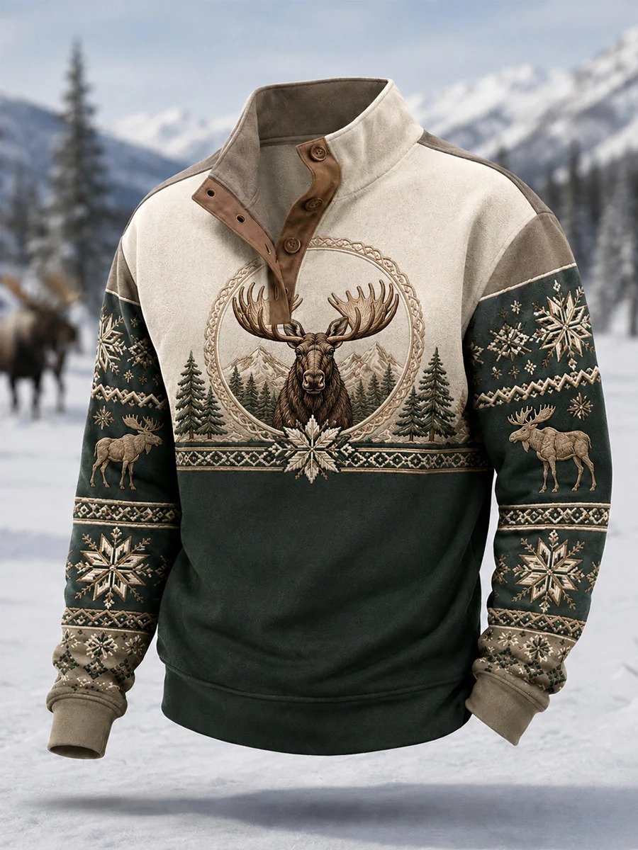 Men's Winter Moose Print Casual Buttons Pullover