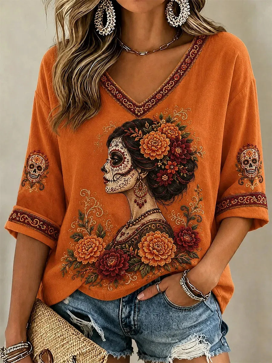 Women's Day Of The Dead Skull Lady Headdress Flower Print 3/4 Sleeve V-Neck T-Shirt