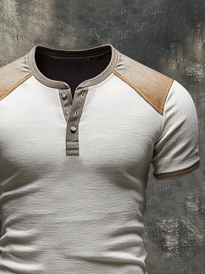 Men'S Retro Colorblock Casual Henley Short Sleeve T-Shirt