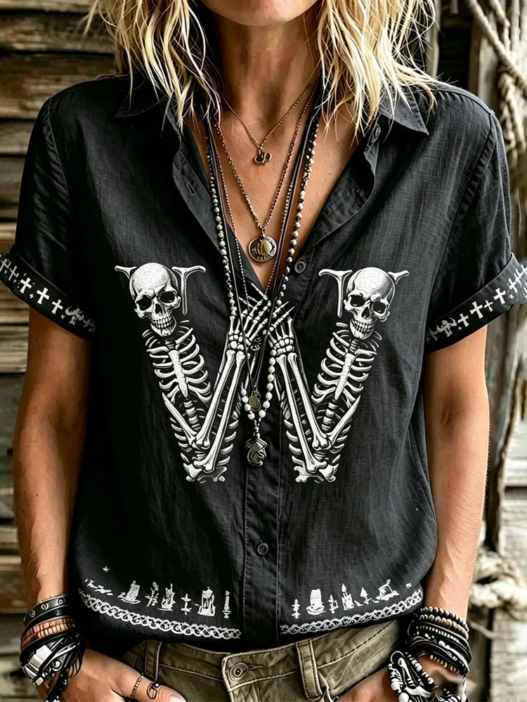 Women's Gothic Halloween Style Skull Skeleton W Short-sleeve Shirt