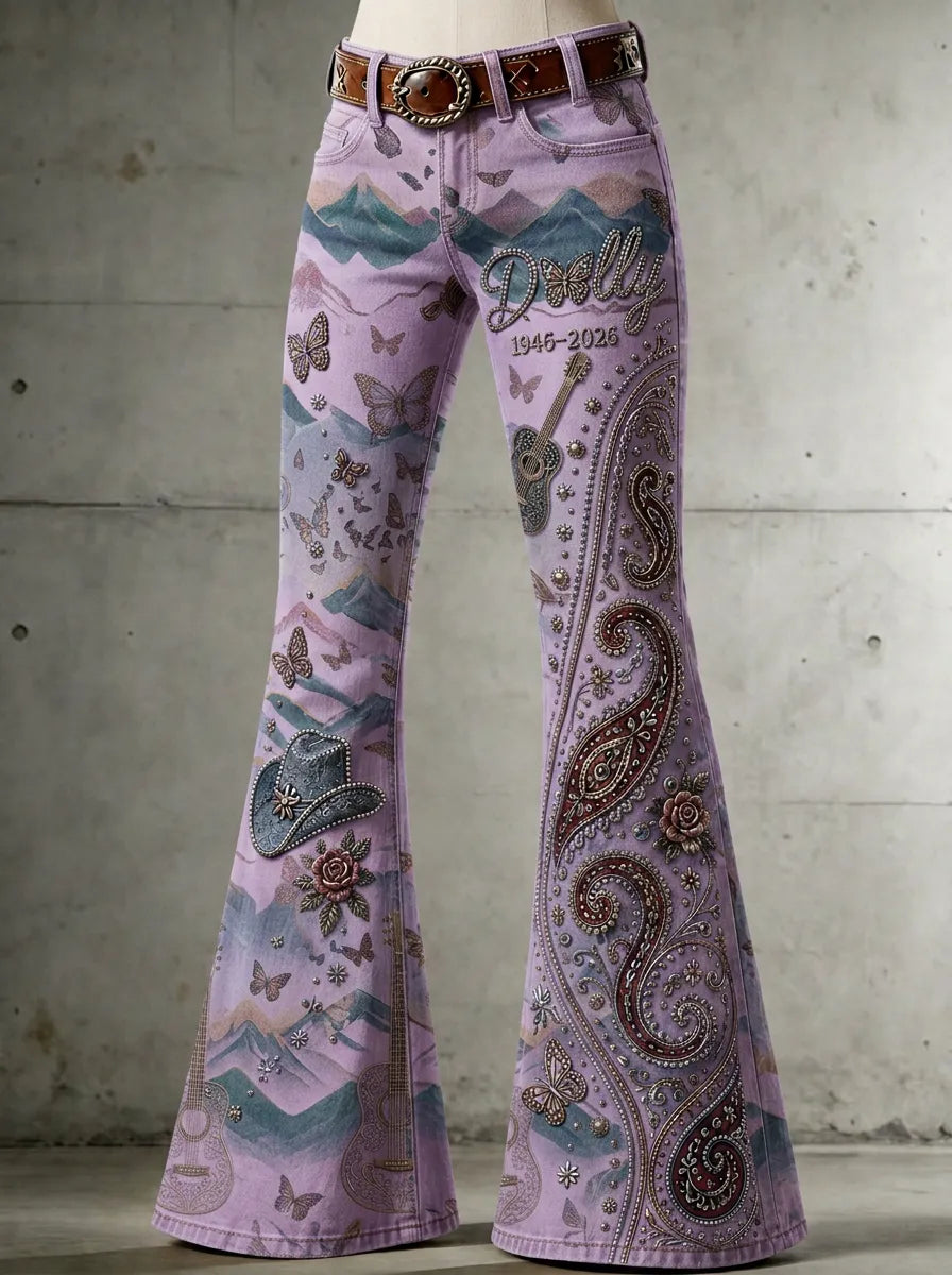 Women's Dolly Parton Butterfly Guitar Paisley Printed Flare Pants