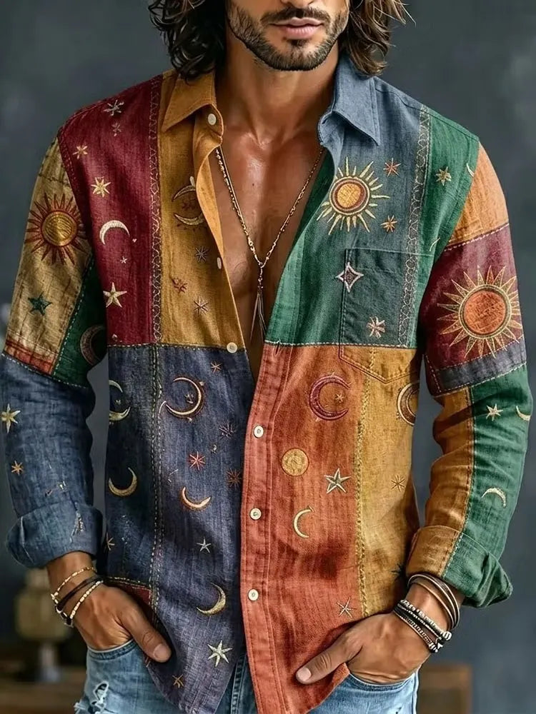 Men's Color Block Sun Moon Star Print Print Long Sleeve Pocket Shirt