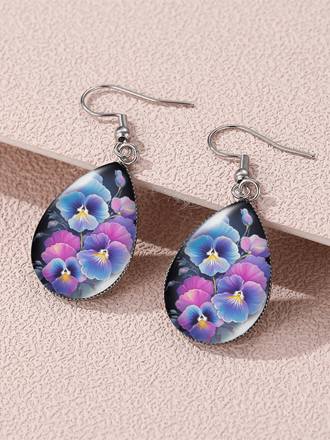 Purple Drop-Shaped Pansy Flower Design Earrings