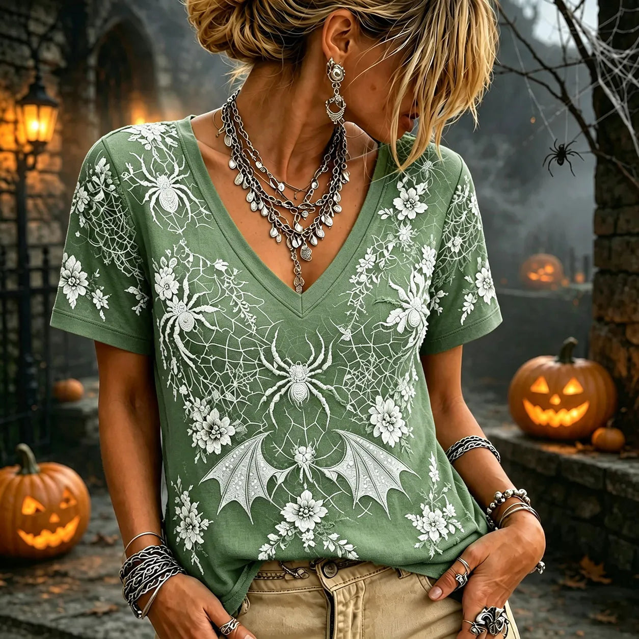 Women 3d Silver Spider Bat Floral Lace Mesh V Neck Short Sleeve Gothic Witch Halloween Top
