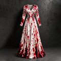 Women's Halloween Bloodstain Skull Print V-neck Long Sleeve Waist-cinched Dress