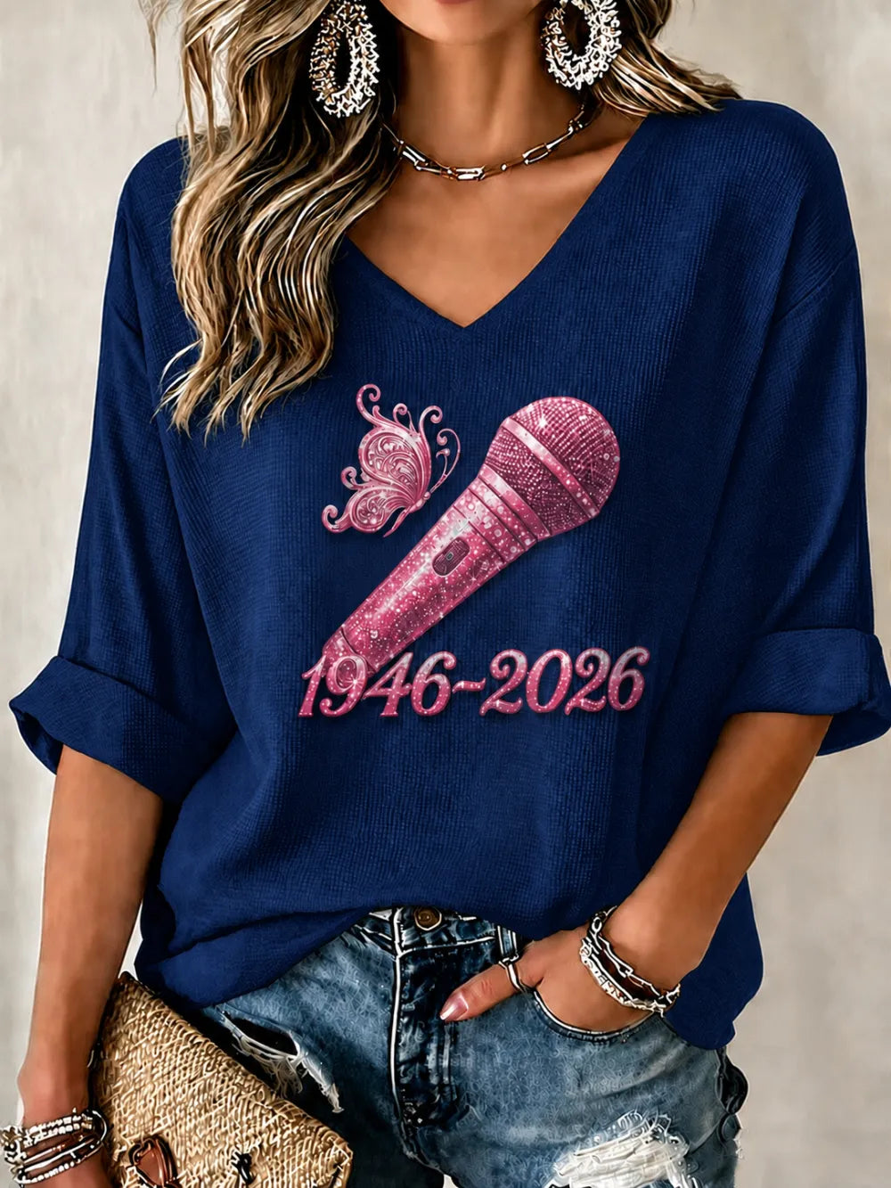 Women'S Commemorative Printed Waffle Top