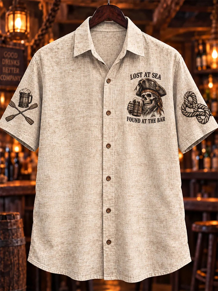 Men’s Vintage Toasting Pirate Skeleton Short Sleeve Shirt