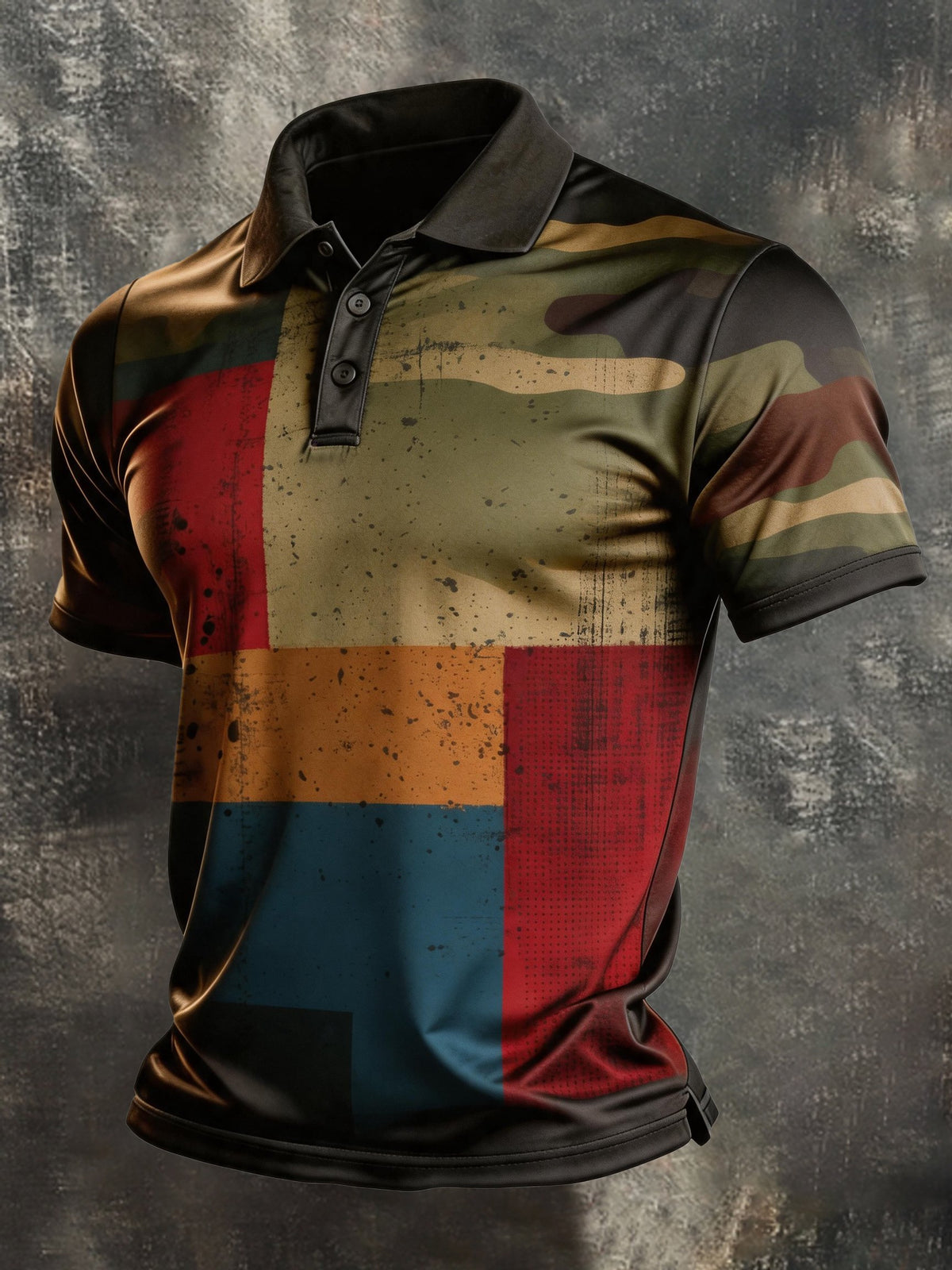 Men's Retro Color-Block Camouflage Short-Sleeve Polo Shirt