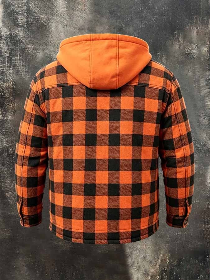Men's Retro Color-Block Plaid Fleece-Lined Warm Hooded Jacket