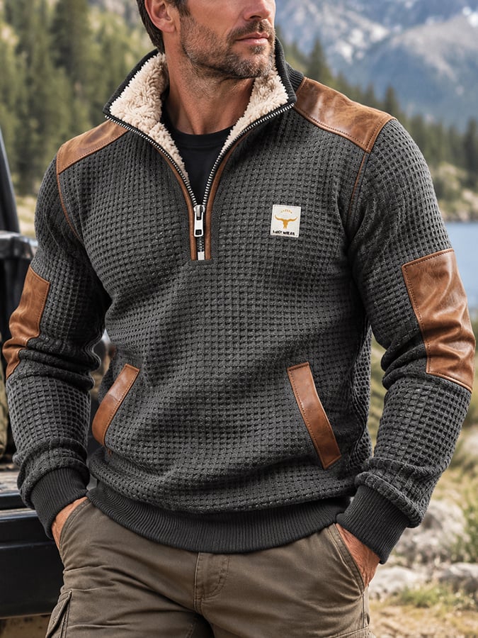Men's Retro Textured Waffle-Knit Fleece-Lined Zip-Neck Sweatshirt