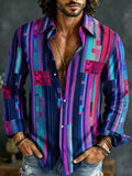 Men's Neon Glitch Art Stripe Print Long Sleeve Shirt