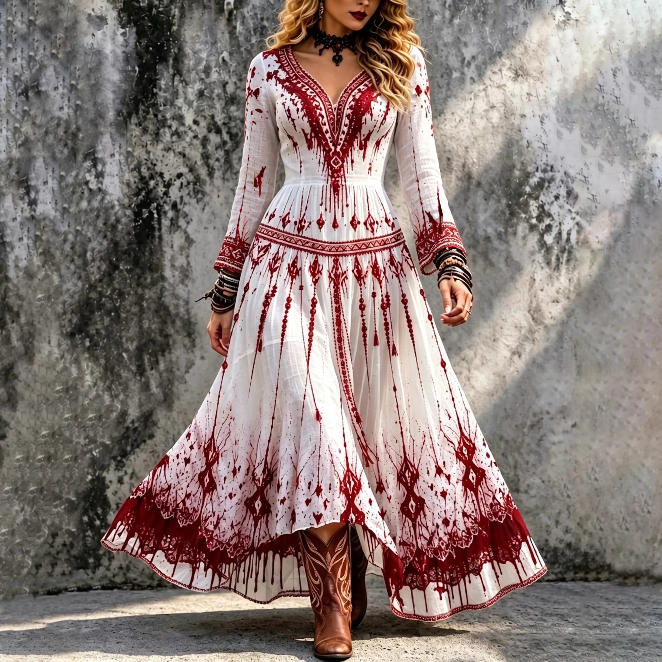 Women's Halloween Bloody  With Bohemia Ethnic Patterns Long Sleeve Maxi Dress