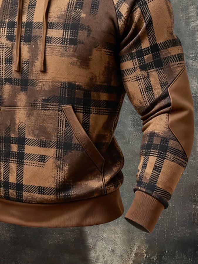 Men'S Retro Color-Block Print Hoodie With Contrasting Details