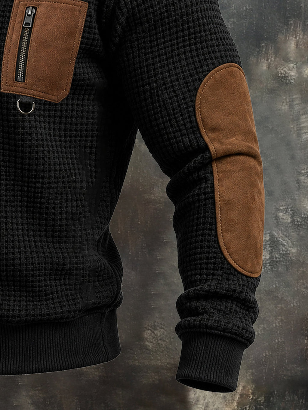Men's Retro Waffle-Knit and Faux Suede Panel Zip-Up Sweatshirt