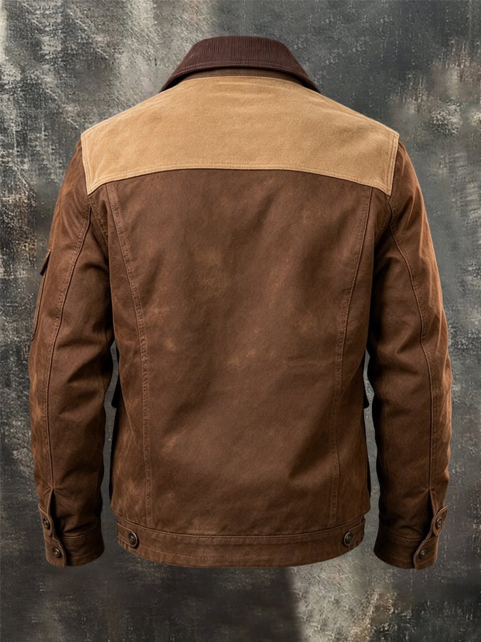 Men’s Vintage Suede-Look & Leather-Panelled Insulated Multi-Pocket Western-Style Outdoor Jacket