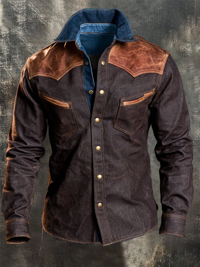 Men's Vintage-Style Color-Block Western Leather Shirt
