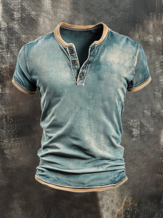 Men's Vintage Distressed Colorblock Cotton Casual Henley Short Sleeve T-Shirt