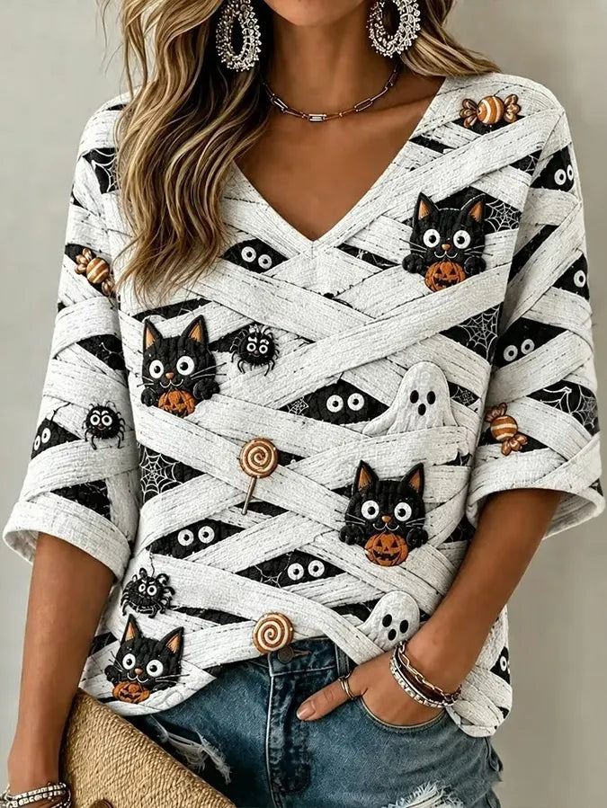 Women's Halloween Scary Pumpkin Face Cat Art Print Mid-length Sleeves V-neck T-shirt