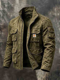 Men's Vintage-Style Distressed Multi-Pocket Workwear Jacket