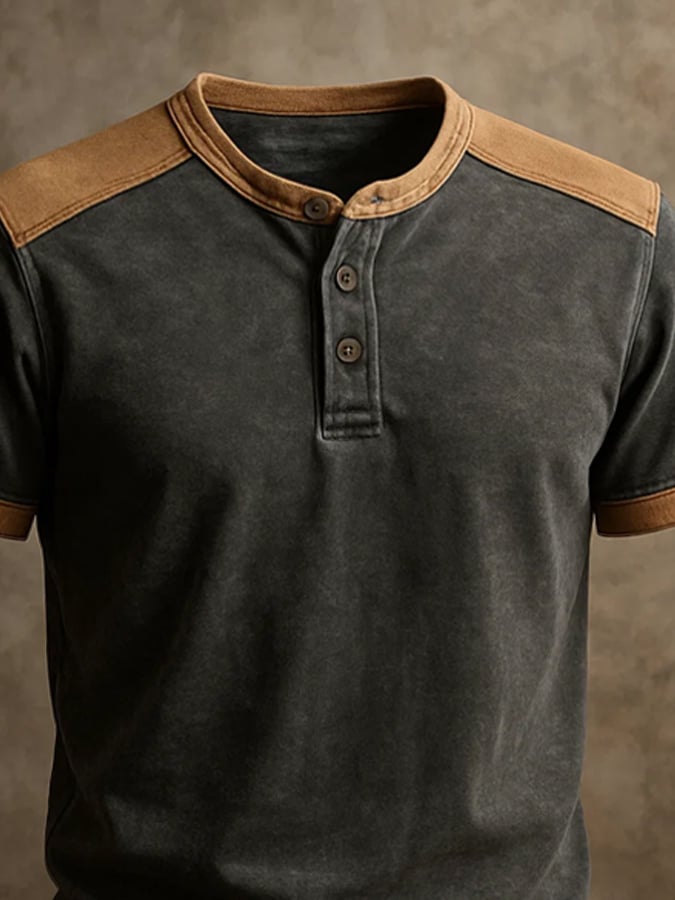 Men's vintage-style Henley print short-sleeved T-shirt
