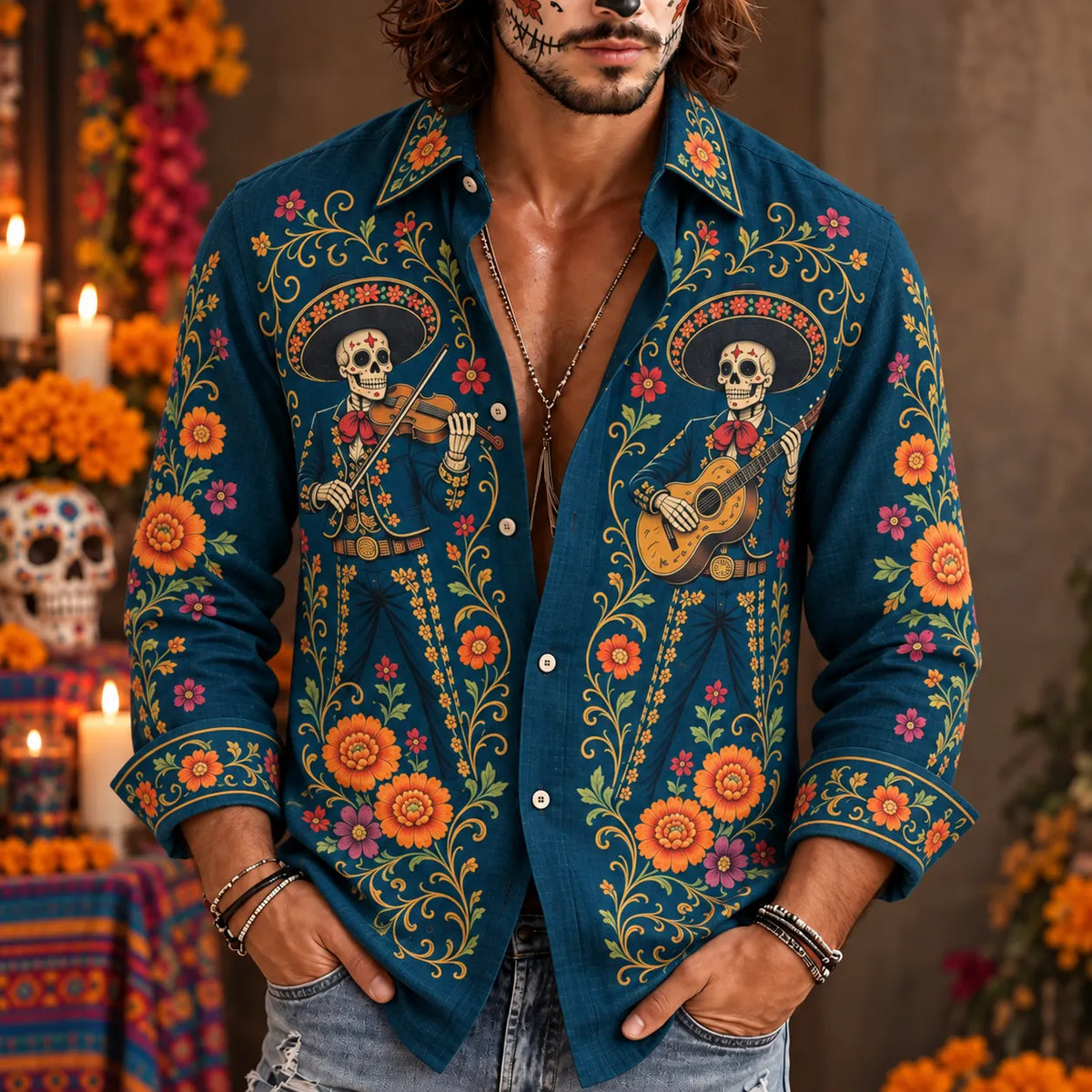 Men‘s Retro Mexico Day Of The Dead Sugar Floral Skull Printed Long-sleeved Shirt