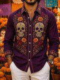 Men's Day Of The Dead Symmetrical Decorated Skulls And Twisted Floral Vines Print Shirt