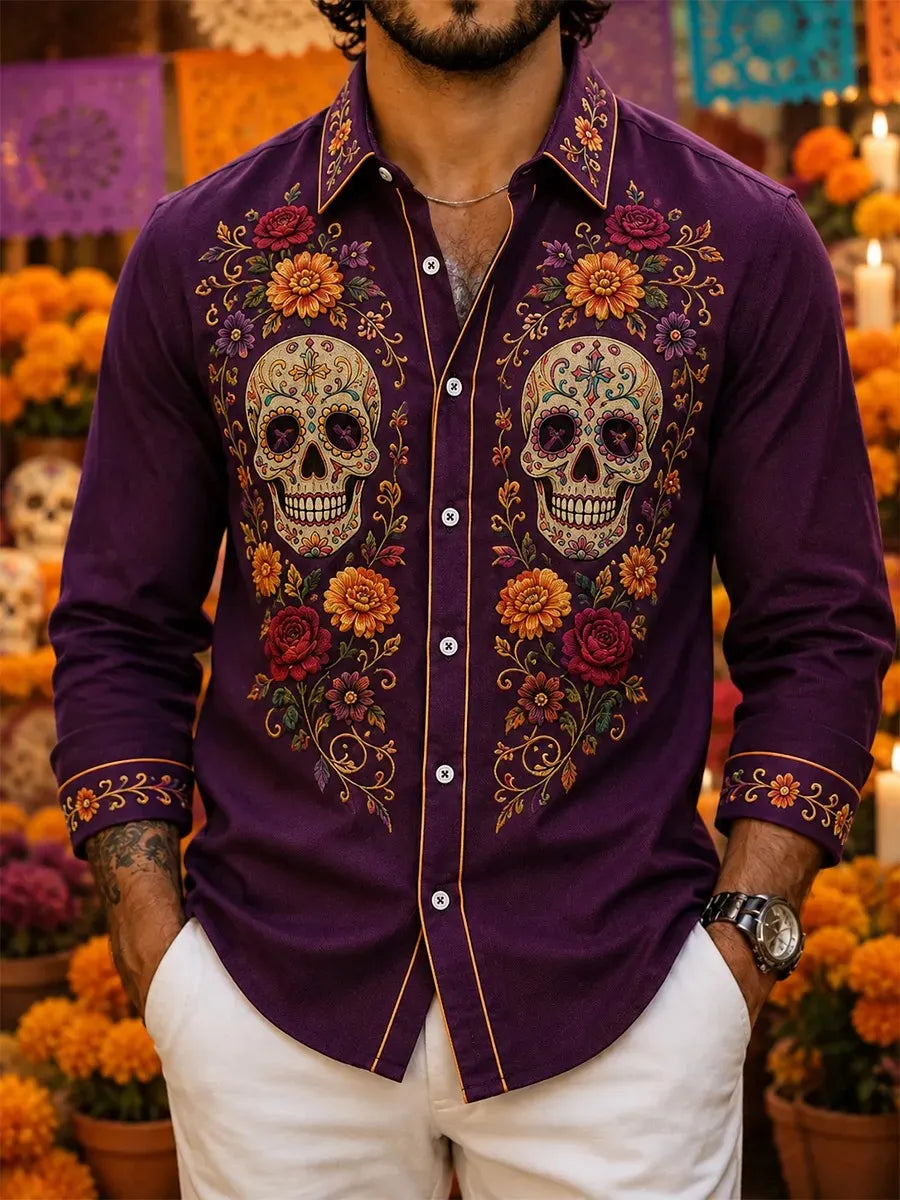 Men's Day Of The Dead Symmetrical Decorated Skulls And Twisted Floral Vines Print Shirt