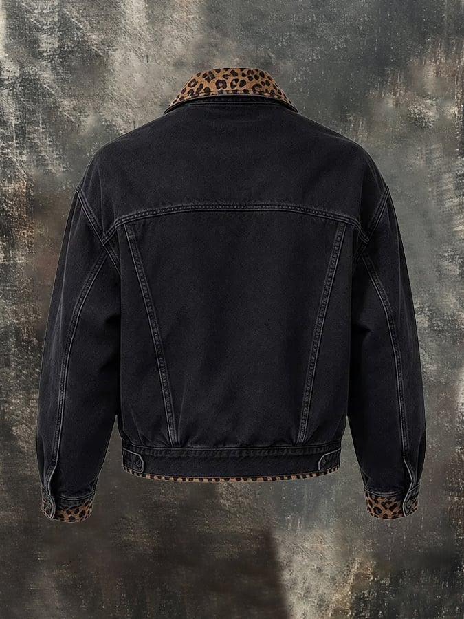 Men’S Vintage-Style Fleece-Lined Padded Workwear Jacket With Leopard-Print Paneling